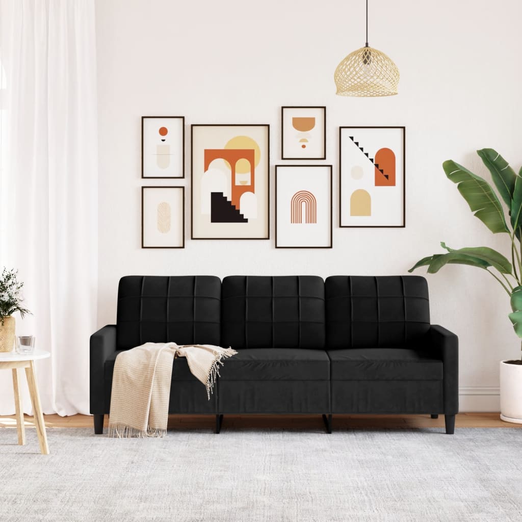 vidaXL Canapea cu 3 locuri, Negru, 180 cm, catifea