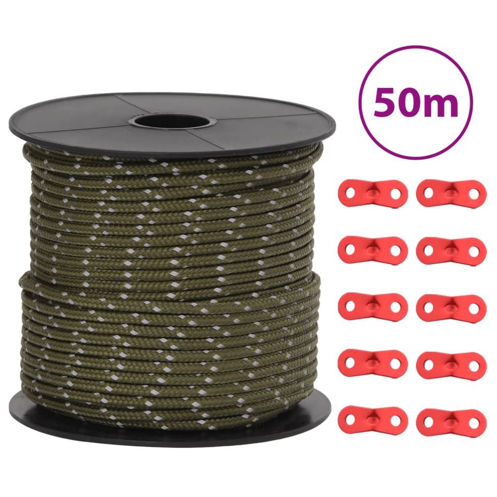 vidaXL Funie pentru cort cu benzi reflectorizante și chei, 50 m, 4 mm vidaXL Funie pentru cort cu benzi reflectorizante și chei, 50 m, 4 mm