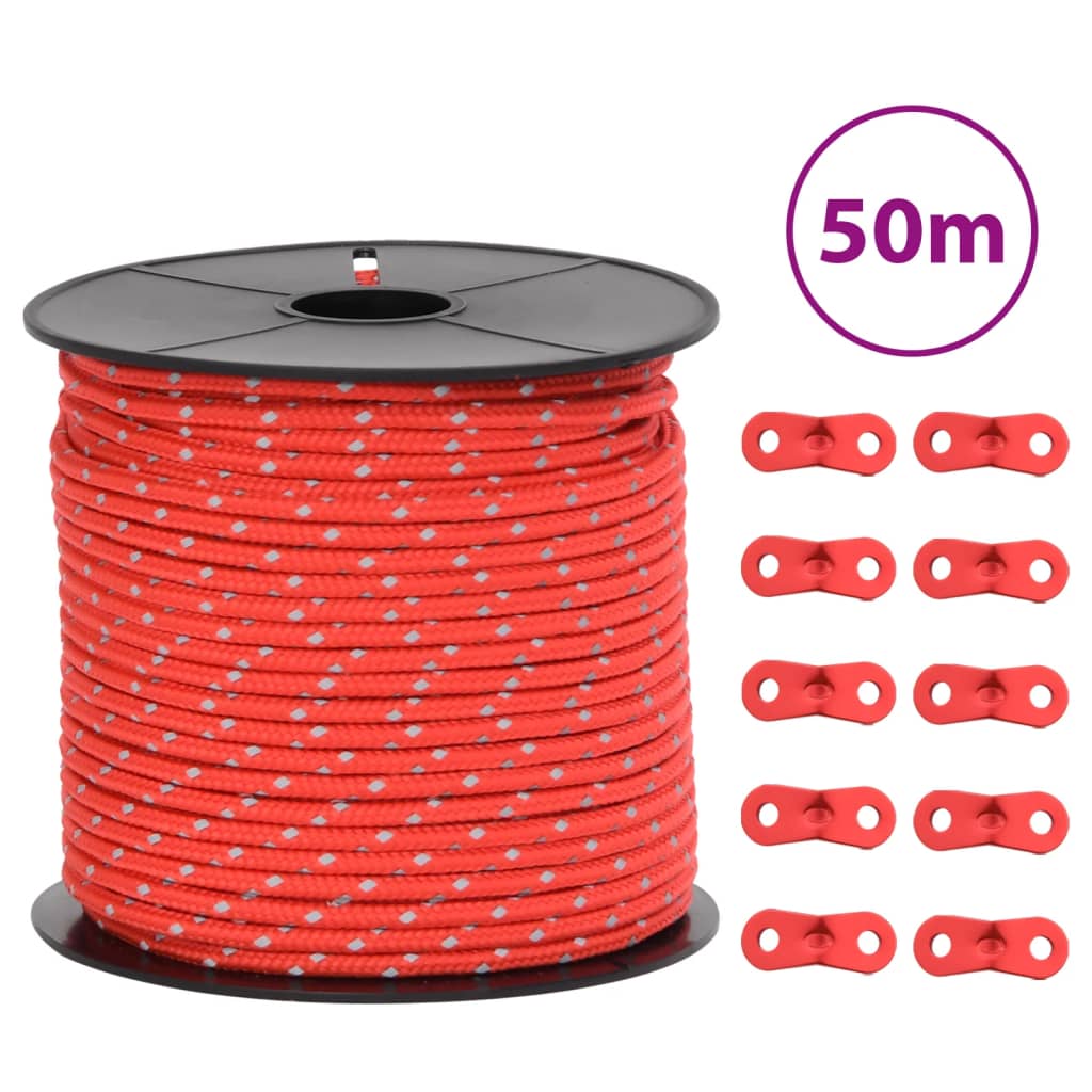 vidaXL Funie pentru cort cu benzi reflectorizante și chei, 50 m, 4 mm vidaXL Funie pentru cort cu benzi reflectorizante și chei, 50 m, 4 mm