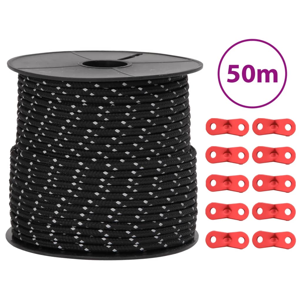 vidaXL Funie pentru cort cu benzi reflectorizante și chei, 50 m, 4 mm vidaXL Funie pentru cort cu benzi reflectorizante și chei, 50 m, 4 mm
