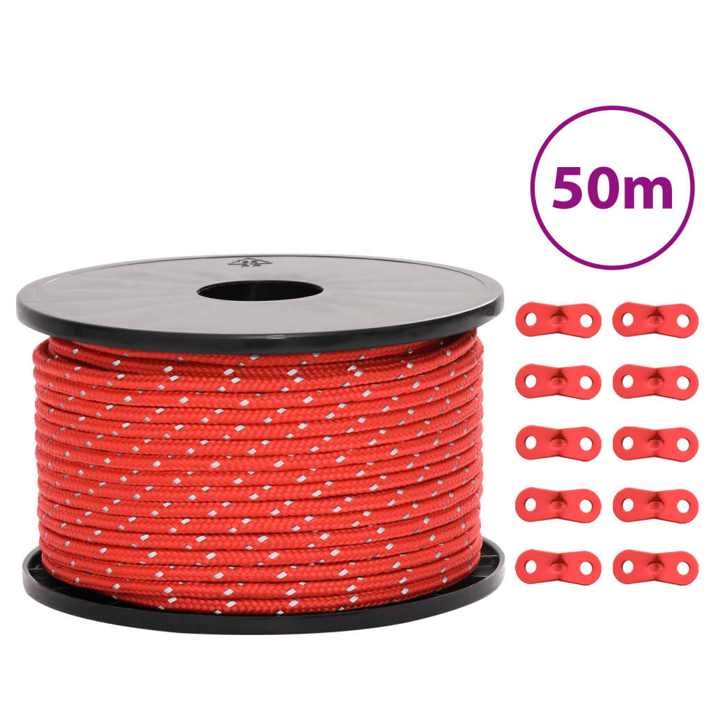 vidaXL Funie pentru cort cu benzi reflectorizante și chei, 50 m, 5 mm vidaXL Funie pentru cort cu benzi reflectorizante și chei, 50 m, 5 mm