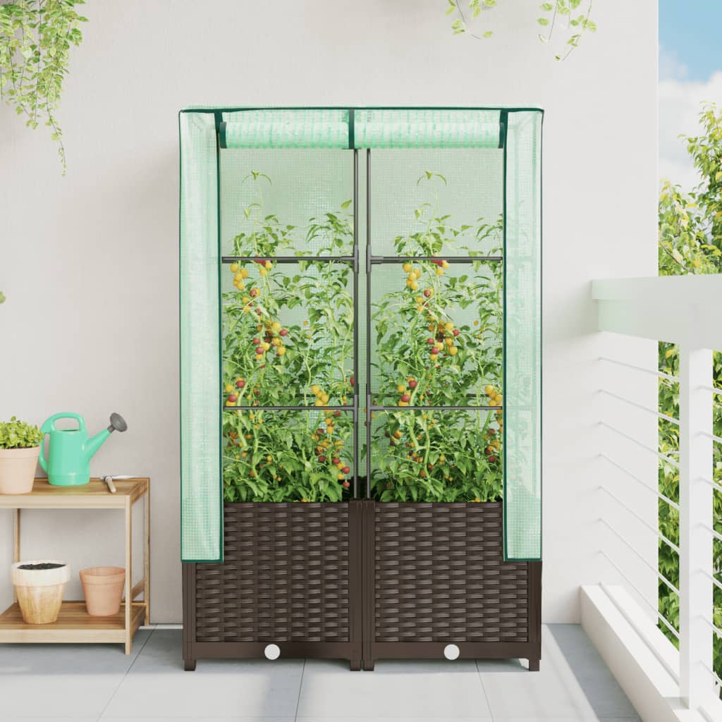 vidaXL Strat înălțat cu husă de seră, aspect ratan, 80x40x138 cm vidaXL Strat înălțat cu husă de seră, aspect ratan, 80x40x138 cm
