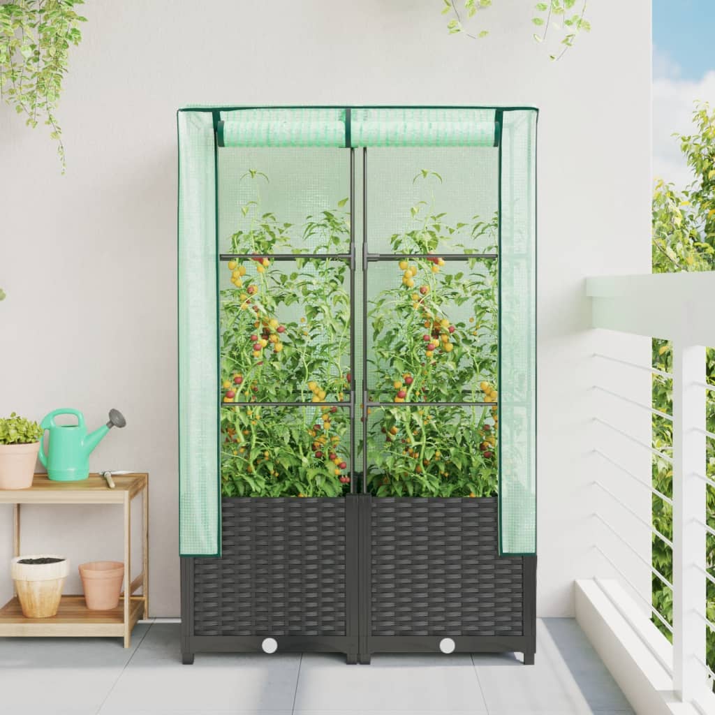 vidaXL Strat înălțat cu husă de seră, aspect ratan, 80x40x138 cm vidaXL Strat înălțat cu husă de seră, aspect ratan, 80x40x138 cm