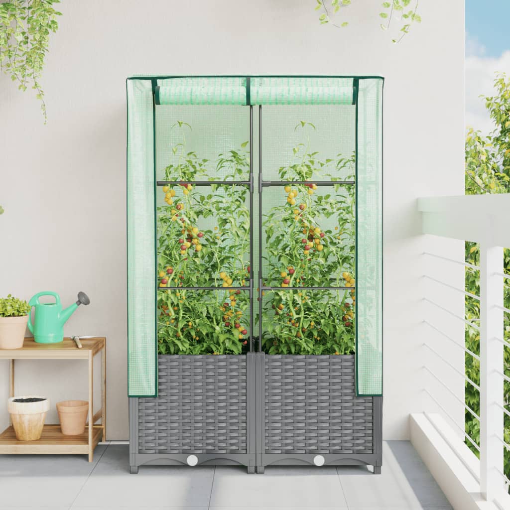 vidaXL Strat înălțat cu husă de seră, aspect ratan, 80x40x138 cm vidaXL Strat înălțat cu husă de seră, aspect ratan, 80x40x138 cm