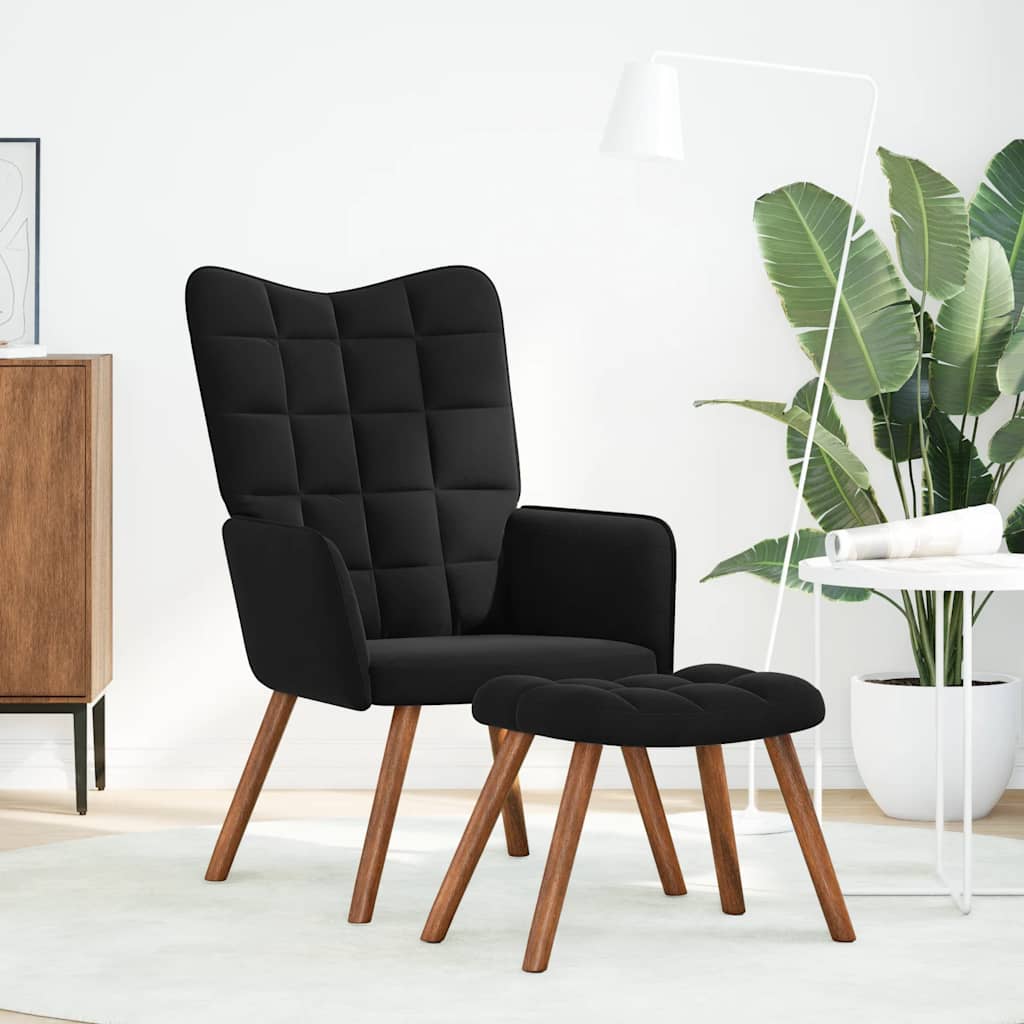 vidaXL Scaun de relaxare cu taburet, negru, catifea vidaXL Scaun de relaxare cu taburet, negru, catifea