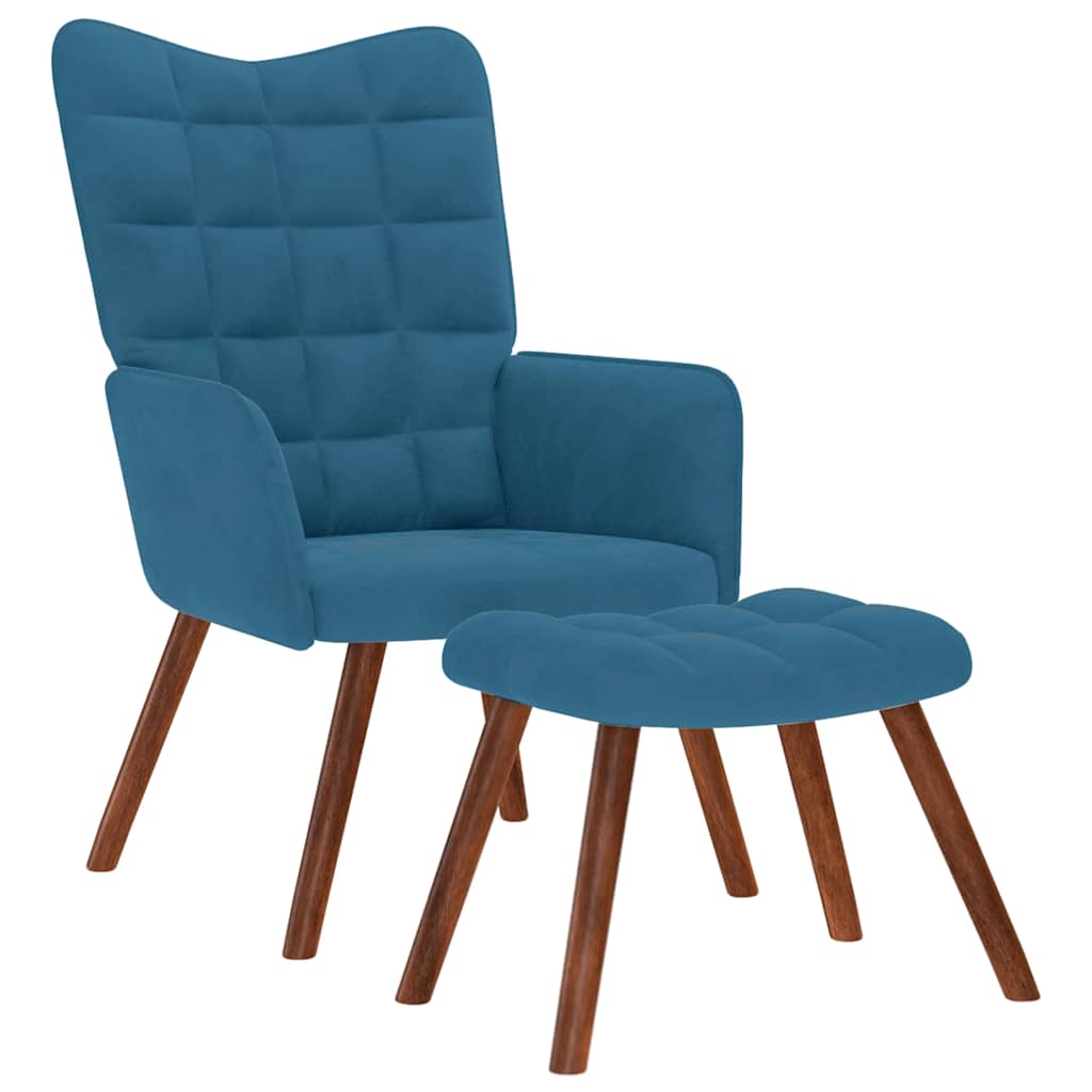 vidaXL Scaun de relaxare cu taburet, albastru, catifea vidaXL Scaun de relaxare cu taburet, albastru, catifea