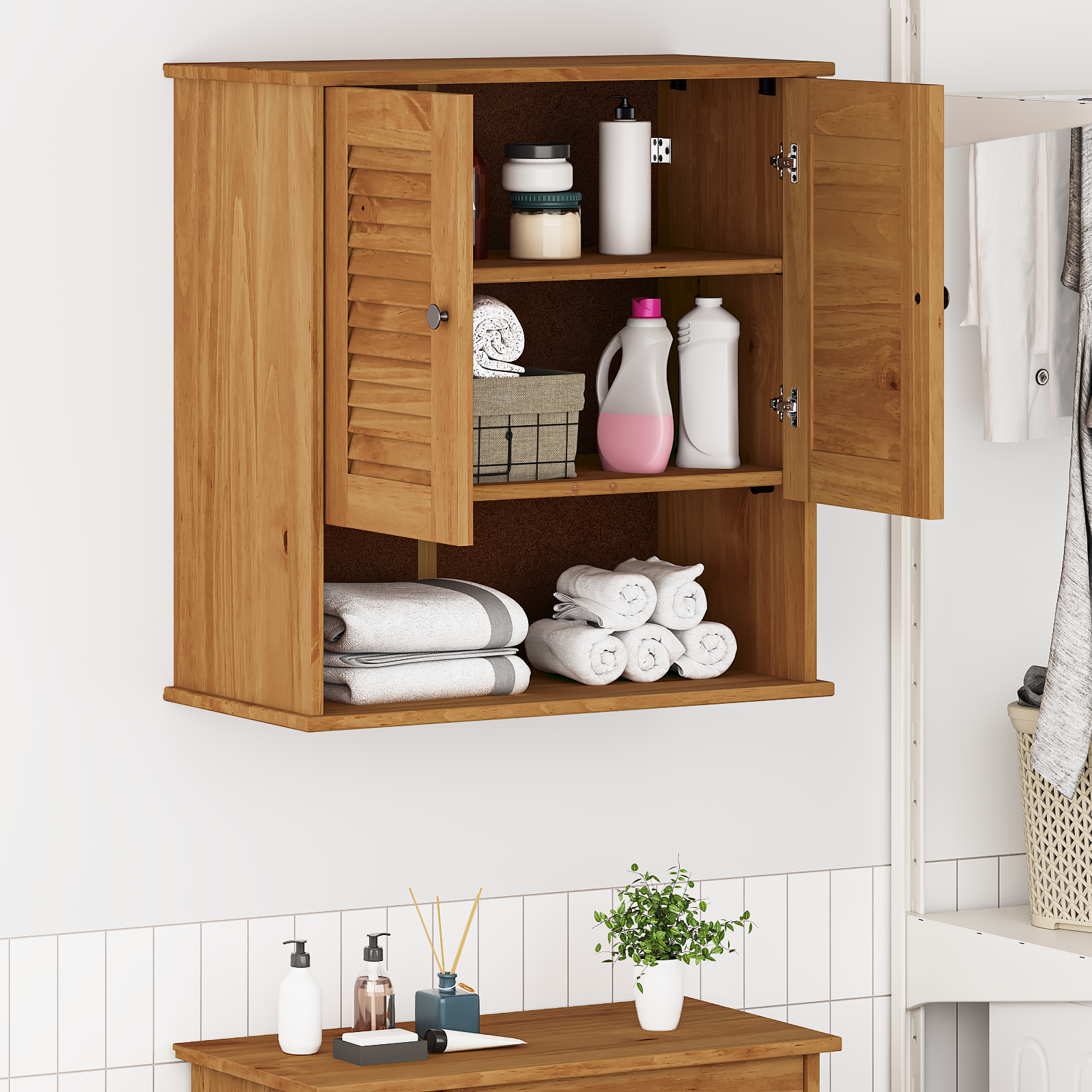 vidaXL Cabinet de baie montat pe perete cu depozitare Culoare Miel vidaXL Cabinet de baie montat pe perete cu depozitare Culoare Miel