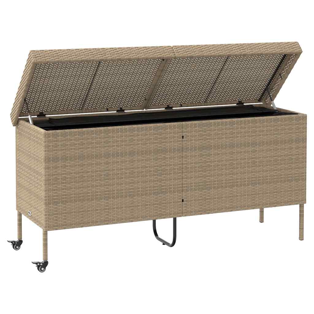 vidaXL Cutie de depozitare grădină cu roți Bej 160x55x75 cm Poly Ratan