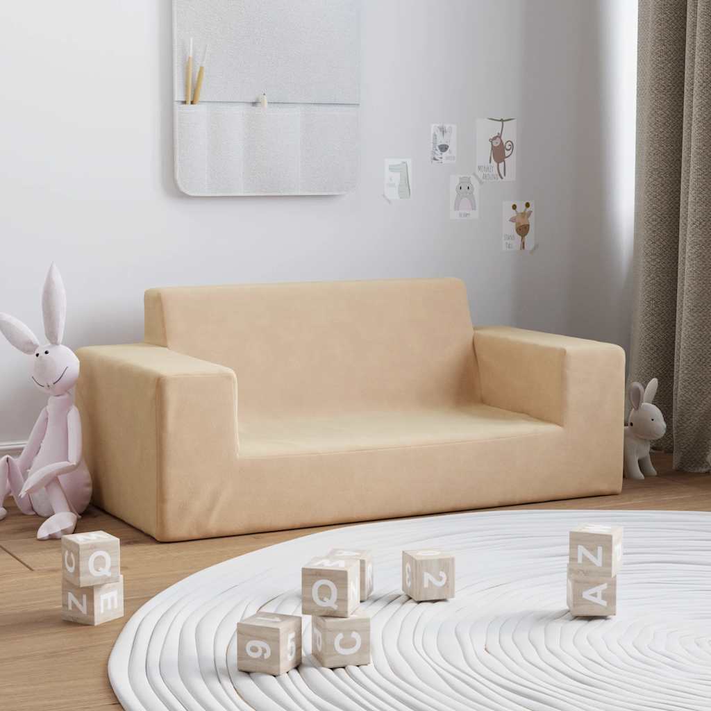 vidaXL Canapea pentru copii cu 2 locuri, crem, pluș moale