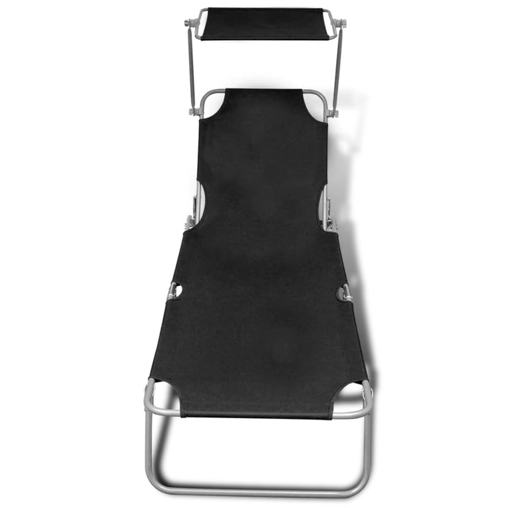 vidaXL Șezlong de plajă pliabil cu baldachin negru metal & țesătură vidaXL Șezlong de plajă pliabil cu baldachin negru metal & țesătură