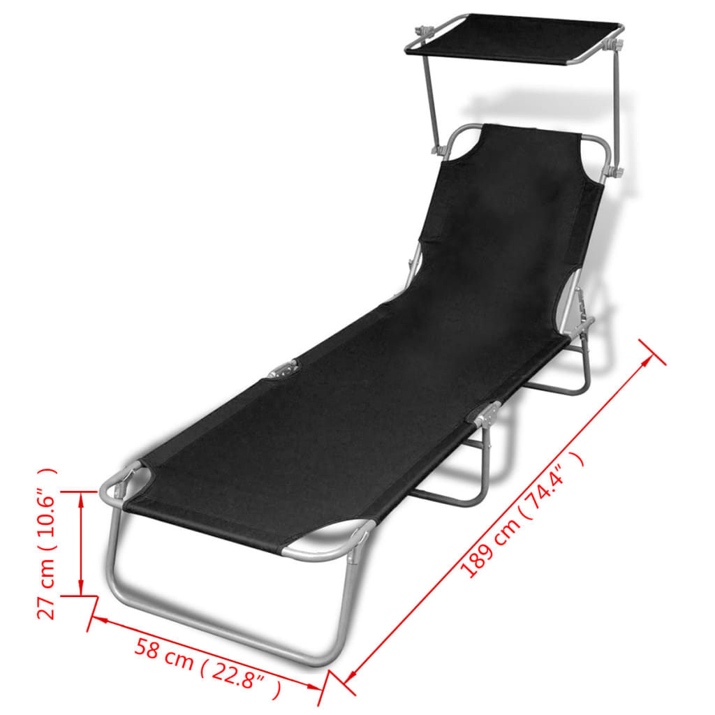 vidaXL Șezlong de plajă pliabil cu baldachin negru metal & țesătură vidaXL Șezlong de plajă pliabil cu baldachin negru metal & țesătură