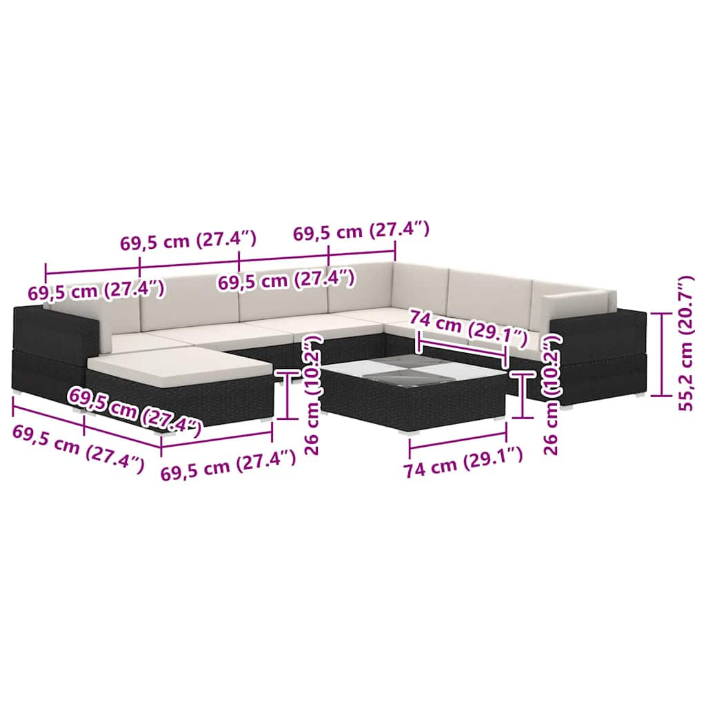 vidaXL Set mobilier de grădină cu perne, 8 piese, negru, poliratan vidaXL Set mobilier de grădină cu perne, 8 piese, negru, poliratan
