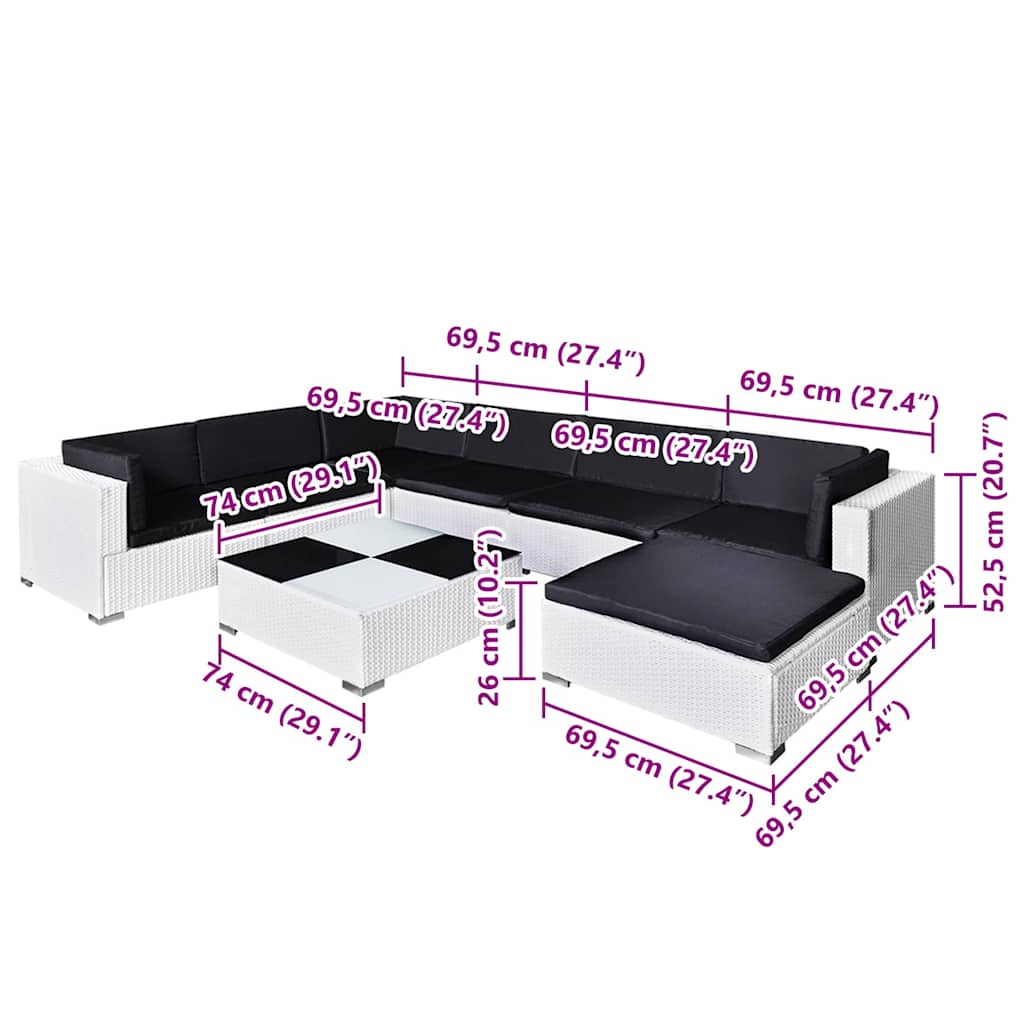 vidaXL Set mobilier de grădină cu perne, 8 piese, alb, poliratan