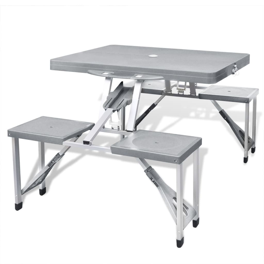 vidaXL Set camping masă/4 scaune pliabile, gri deschis, aluminiu vidaXL Set camping masă/4 scaune pliabile, gri deschis, aluminiu