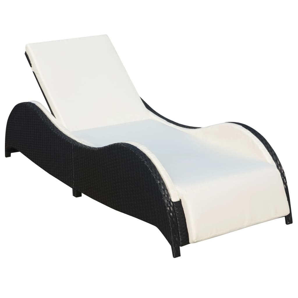 vidaXL Șezlong de plajă cu pernă, negru, poliratan vidaXL Șezlong de plajă cu pernă, negru, poliratan
