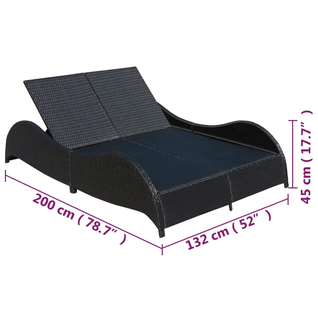 vidaXL Șezlong de plajă dublu cu pernă, negru, poliratan vidaXL Șezlong de plajă dublu cu pernă, negru, poliratan