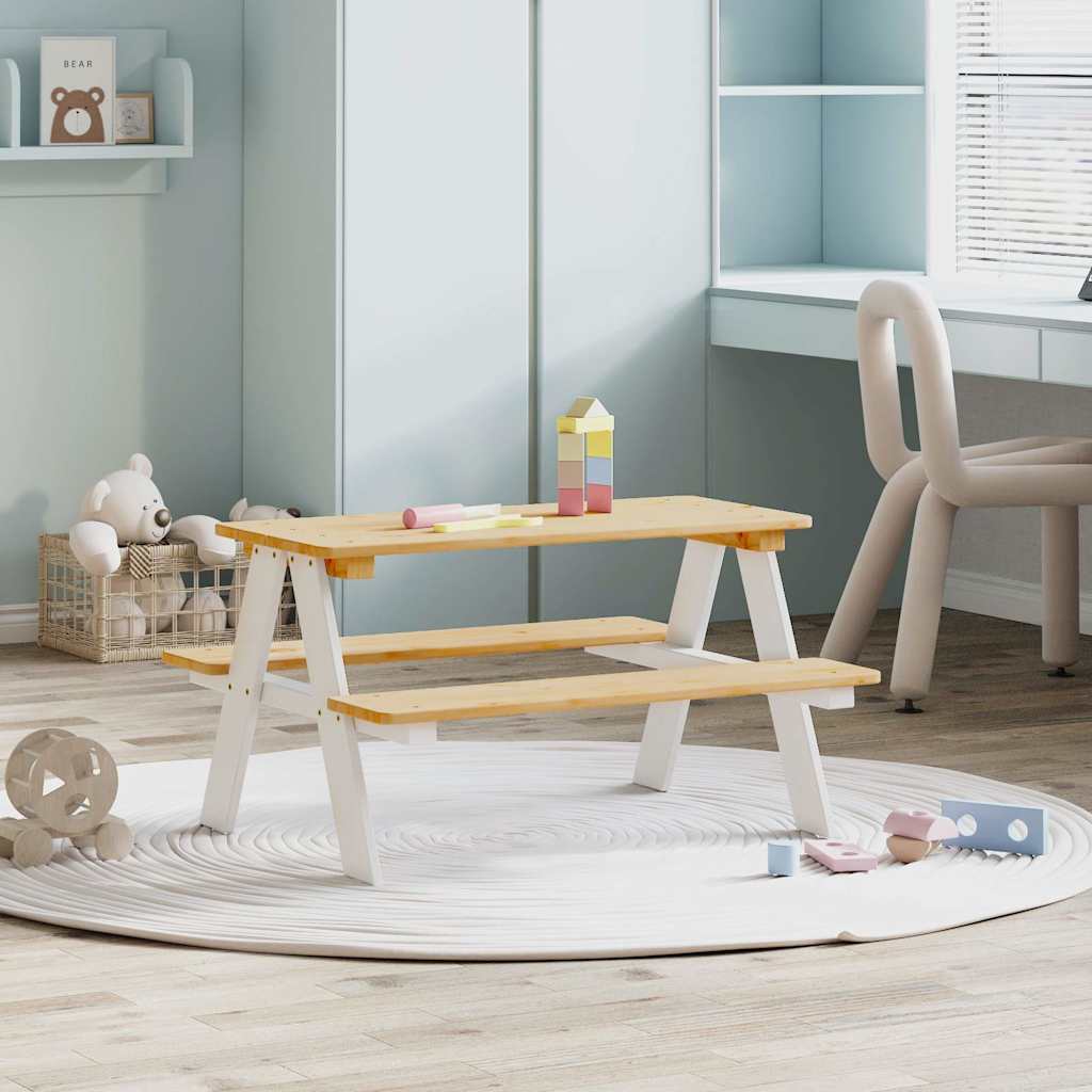 vidaXL Masa pentru copii cu banci "IRUN" alb 90x79,5x50cm lemn masiv vidaXL Masa pentru copii cu banci "IRUN" alb 90x79,5x50cm lemn masiv
