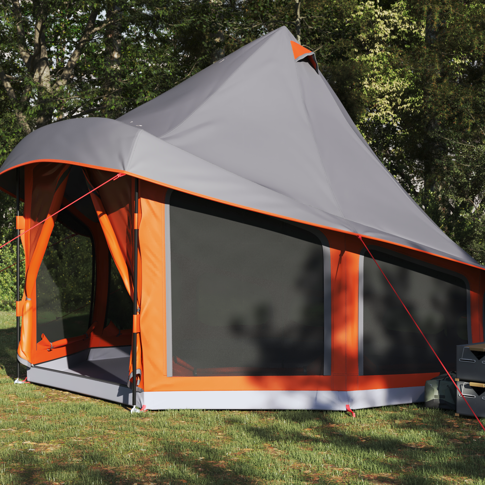 vidaXL Cort de familie Tipi Gri și Portocalie 404 x 370 x 270 cm vidaXL Cort de familie Tipi Gri și Portocalie 404 x 370 x 270 cm