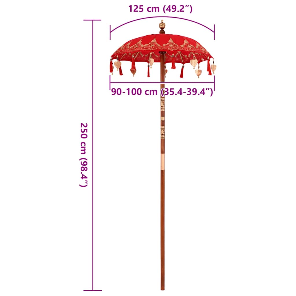 vidaXL Parasol Balinez Roșu (90-100) x 260 cm Bumbac și lemn masiv