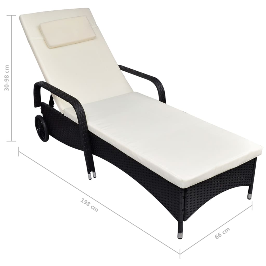 vidaXL Șezlong de plajă cu roți, negru, poliratan vidaXL Șezlong de plajă cu roți, negru, poliratan