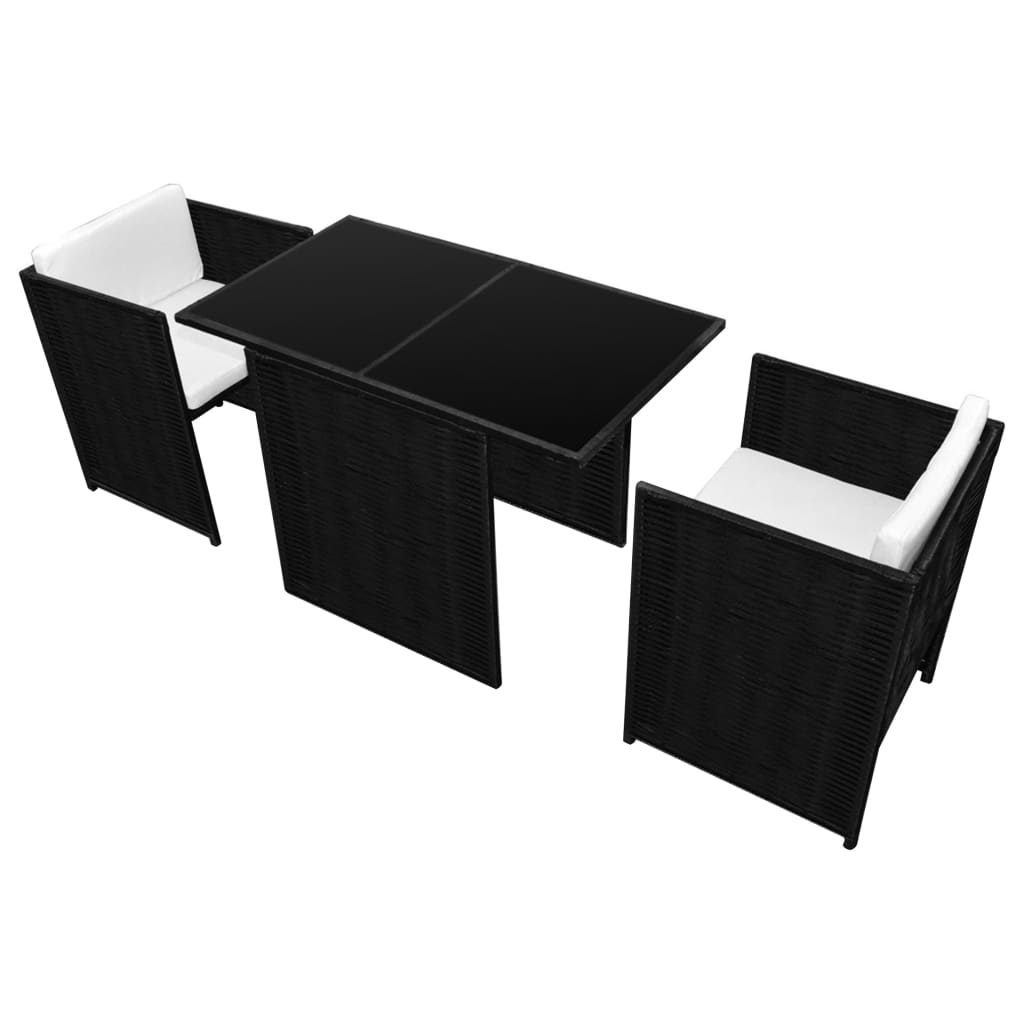 vidaXL Set bistro cu perne, 3 piese, negru, poliratan