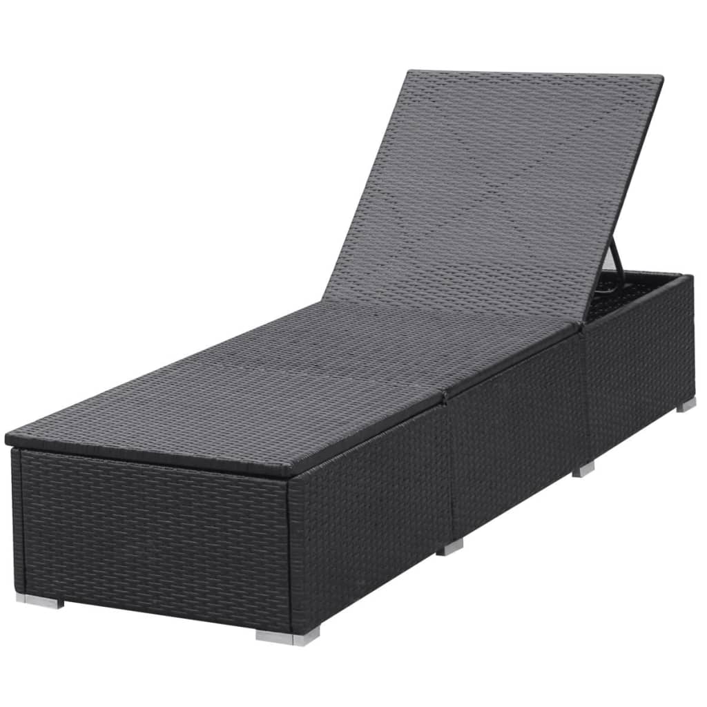 vidaXL Șezlong de plajă cu pernă, negru, poliratan vidaXL Șezlong de plajă cu pernă, negru, poliratan