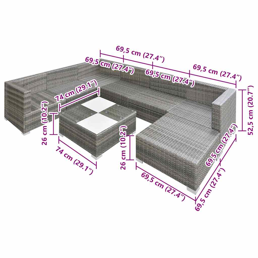 vidaXL Set mobilier de grădină cu perne, 8 piese, gri, poliratan vidaXL Set mobilier de grădină cu perne, 8 piese, gri, poliratan