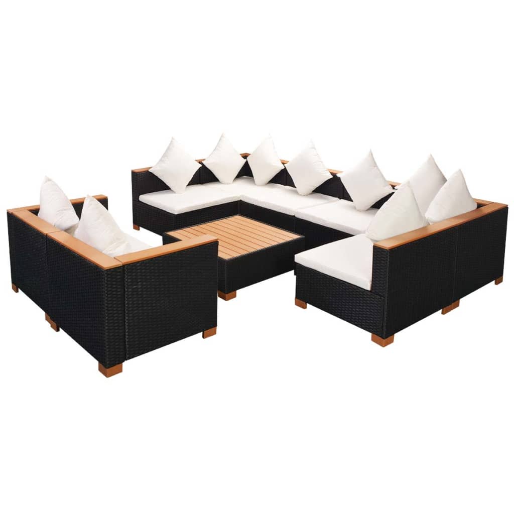 vidaXL Set mobilier de grădină cu perne, 9 piese, negru, poliratan