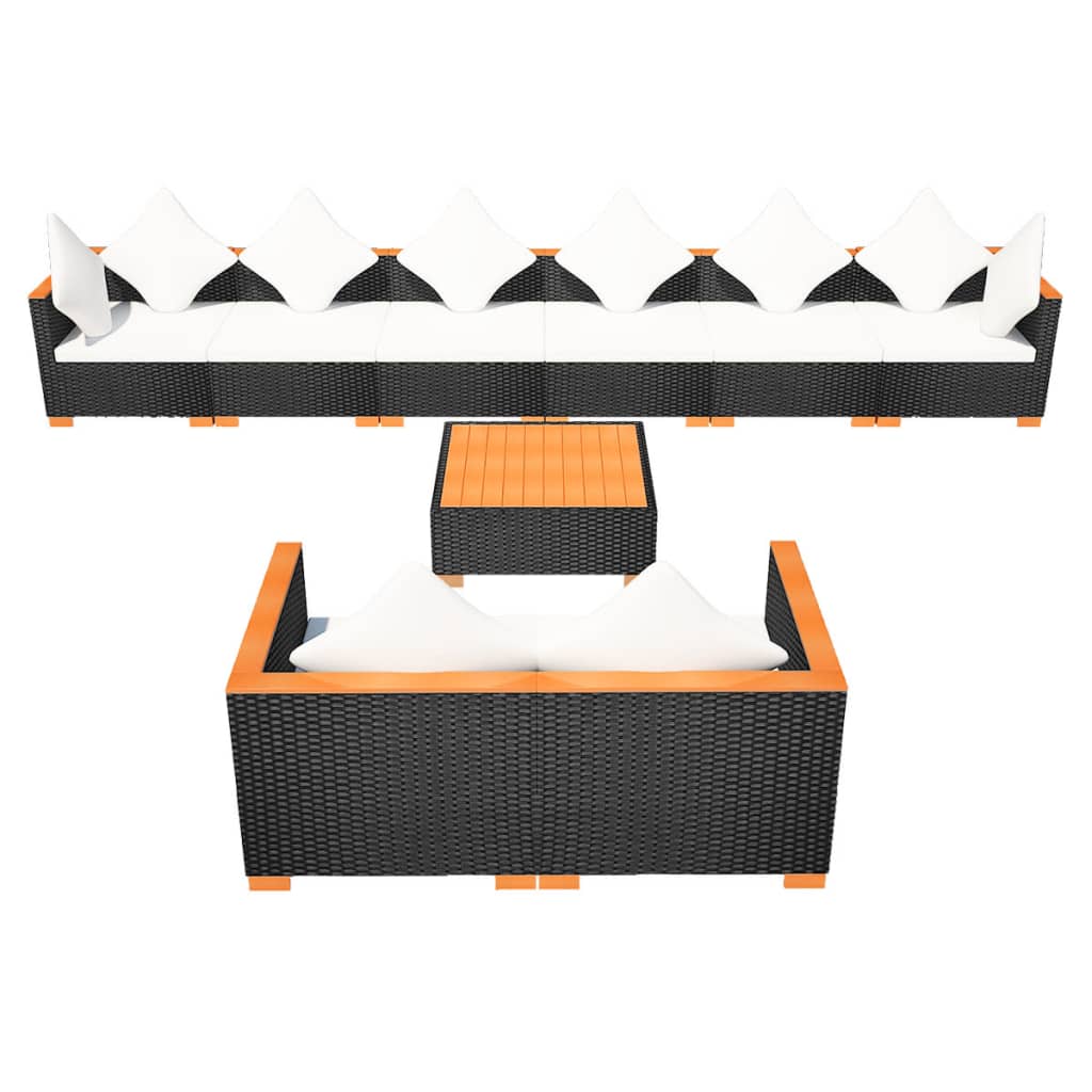 vidaXL Set mobilier de grădină cu perne, 9 piese, negru, poliratan