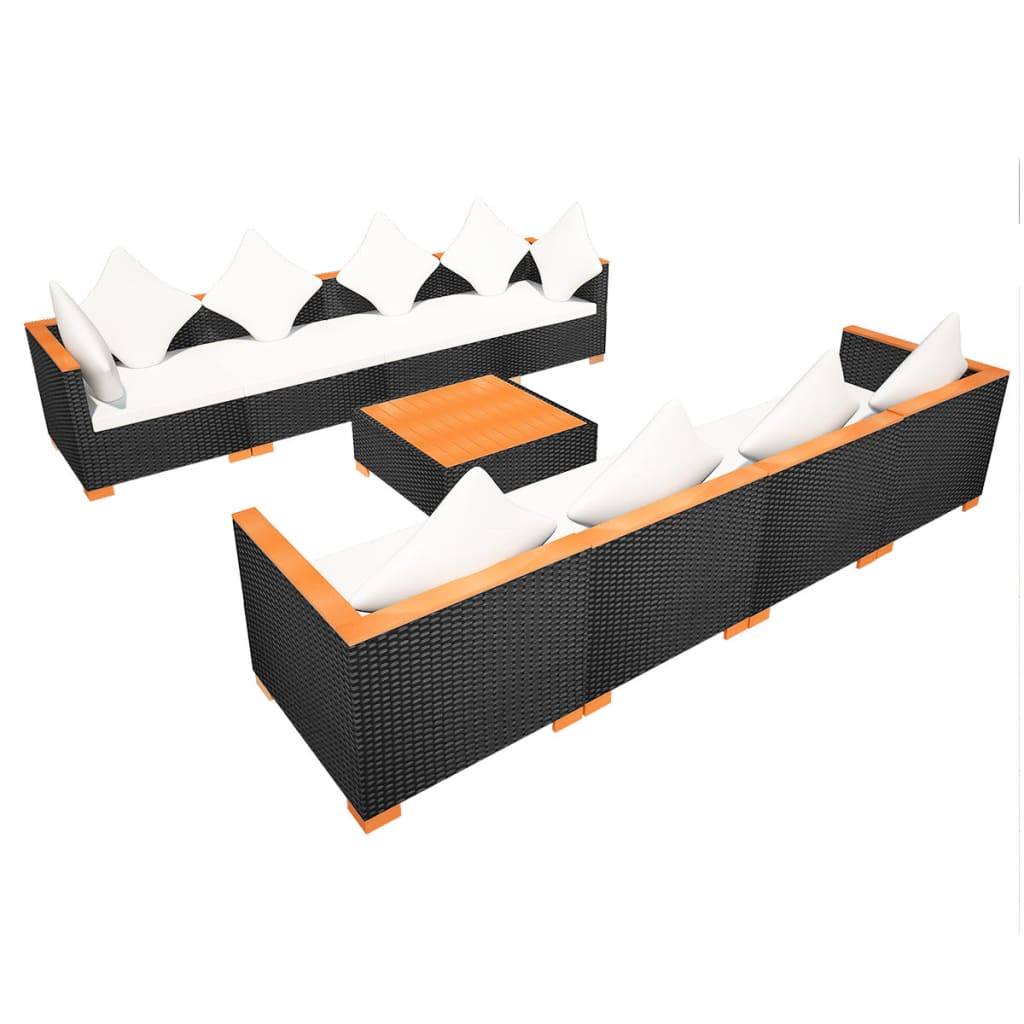 vidaXL Set mobilier de grădină cu perne, 9 piese, negru, poliratan