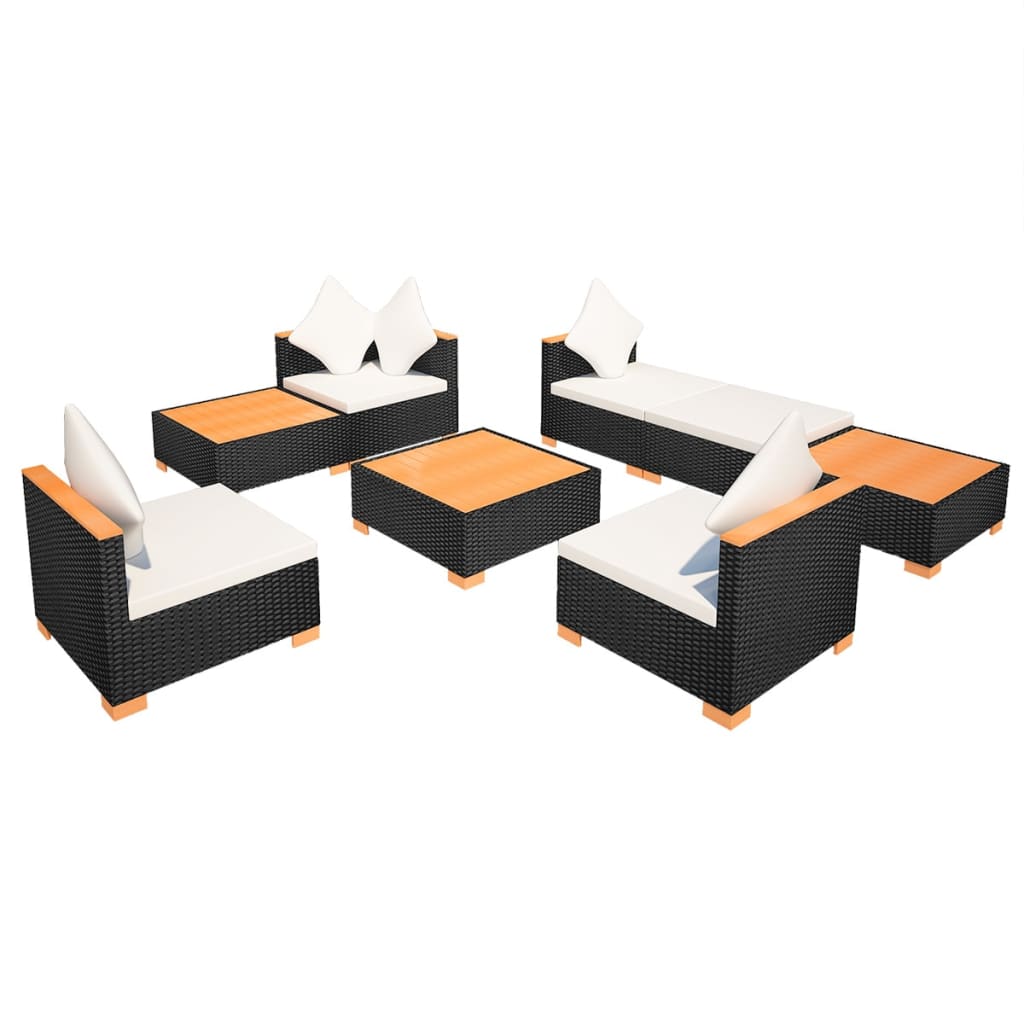 vidaXL Set mobilier de grădină cu perne, 8 piese, negru, poliratan