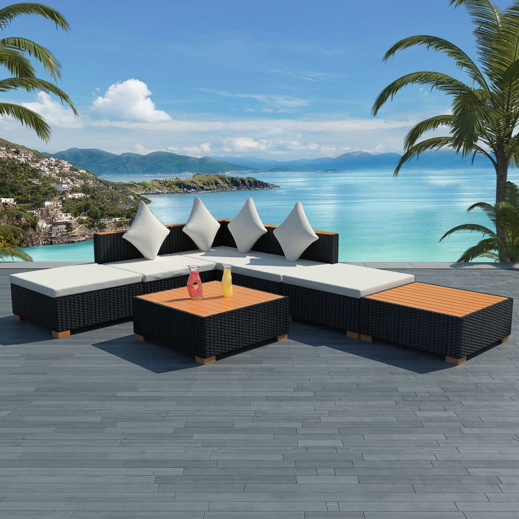 vidaXL Set mobilier de grădină cu perne, 7 piese, negru, poliratan vidaXL Set mobilier de grădină cu perne, 7 piese, negru, poliratan
