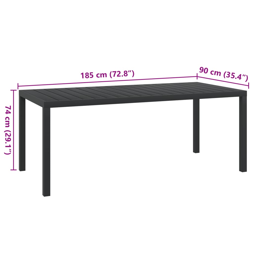 vidaXL Masă de grădină, negru, 185 x 90 x 74 cm, aluminiu și WPC