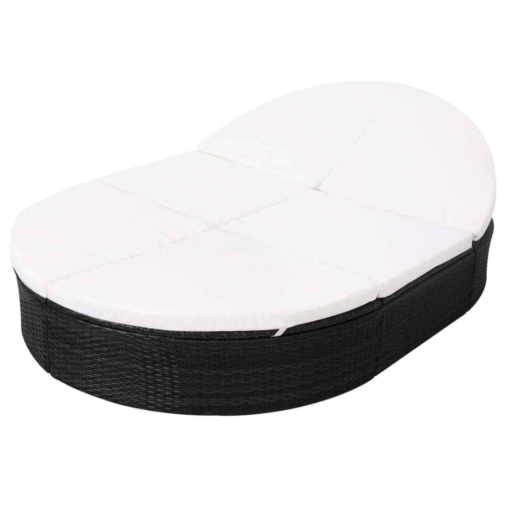 vidaXL Pat șezlong de exterior cu pernă, negru, poliratan vidaXL Pat șezlong de exterior cu pernă, negru, poliratan