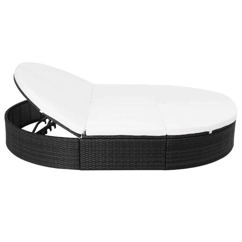 vidaXL Pat șezlong de exterior cu pernă, negru, poliratan vidaXL Pat șezlong de exterior cu pernă, negru, poliratan