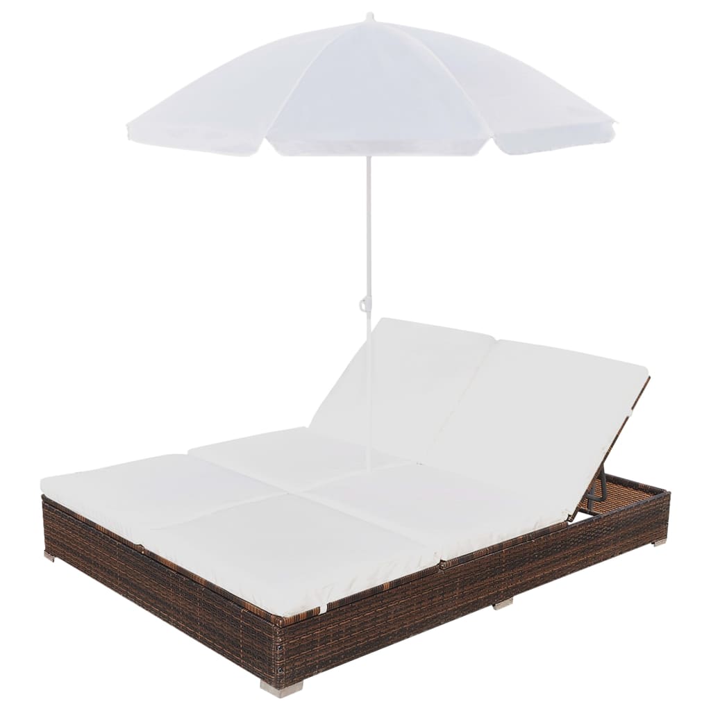 vidaXL Pat șezlong de exterior cu umbrelă, maro, poliratan