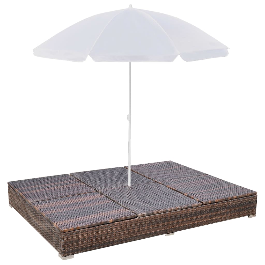 vidaXL Pat șezlong de exterior cu umbrelă, maro, poliratan