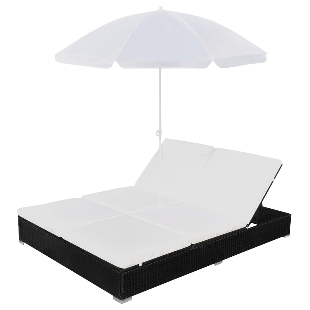 vidaXL Pat șezlong de exterior cu umbrelă, negru, poliratan