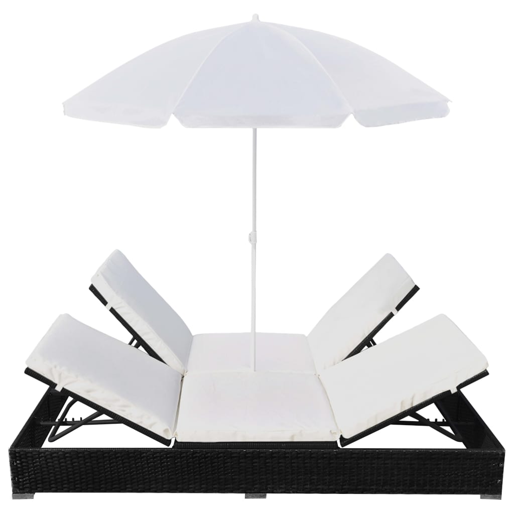vidaXL Pat șezlong de exterior cu umbrelă, negru, poliratan