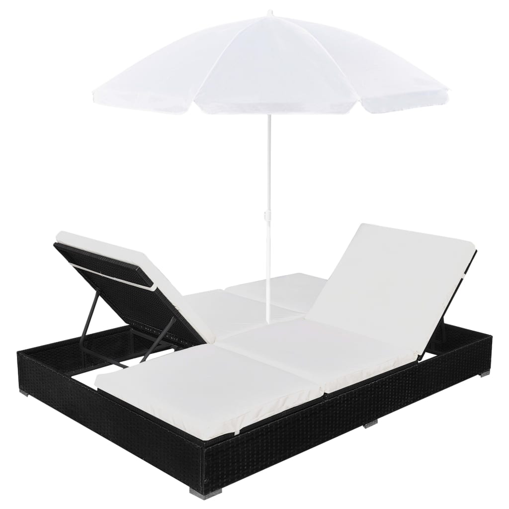 vidaXL Pat șezlong de exterior cu umbrelă, negru, poliratan