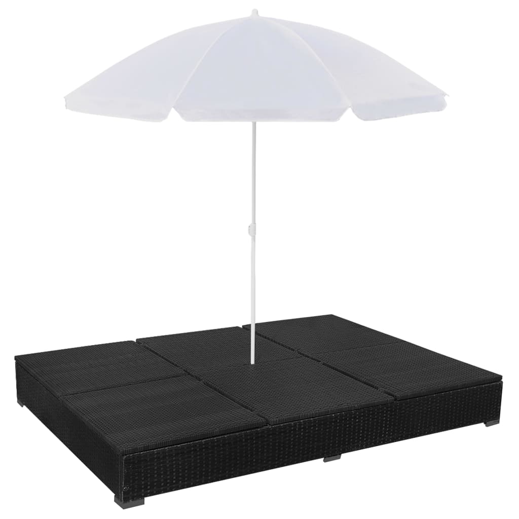vidaXL Pat șezlong de exterior cu umbrelă, negru, poliratan