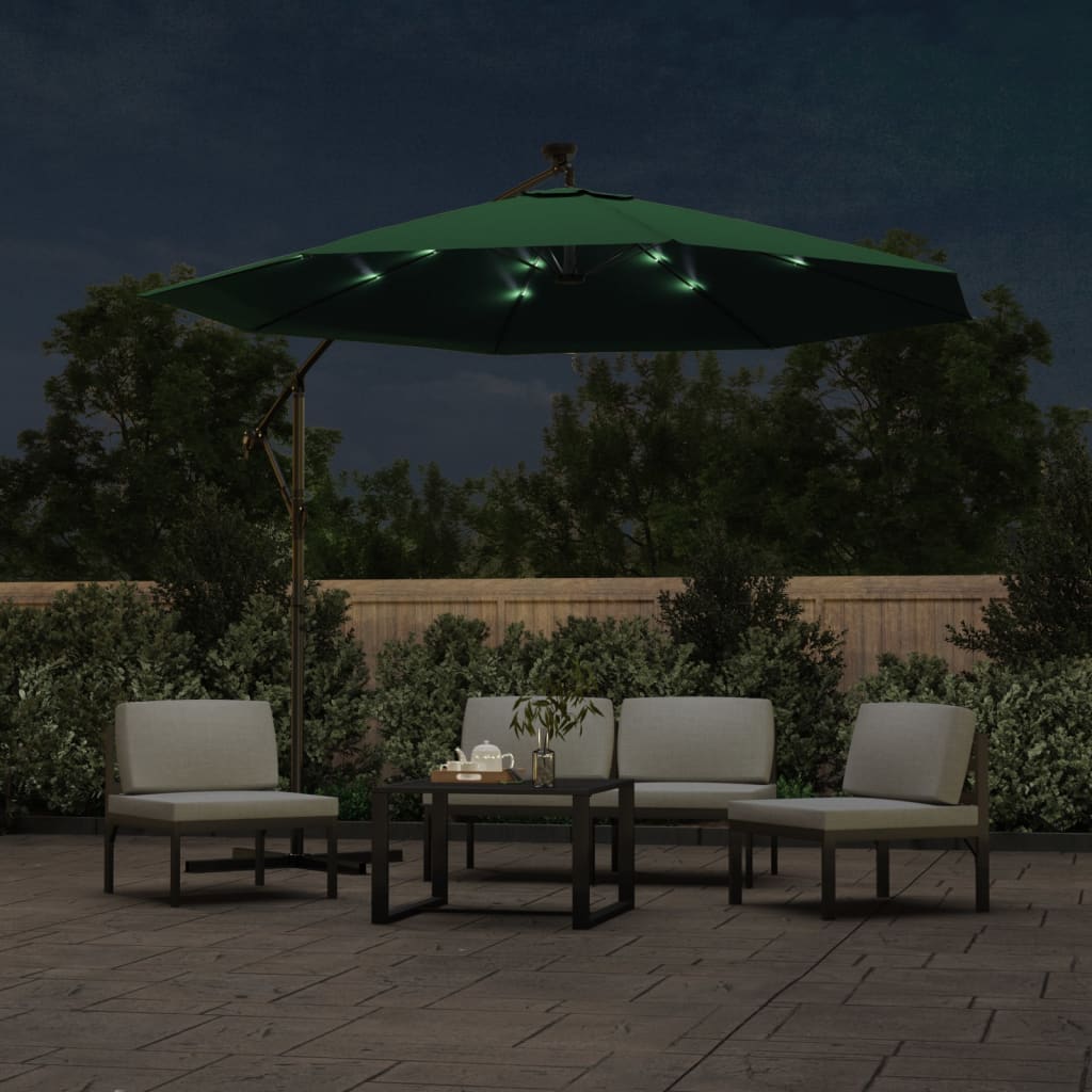 vidaXL Umbrelă suspendată, iluminare LED, 300 cm, verde, stâlp metalic vidaXL Umbrelă suspendată, iluminare LED, 300 cm, verde, stâlp metalic