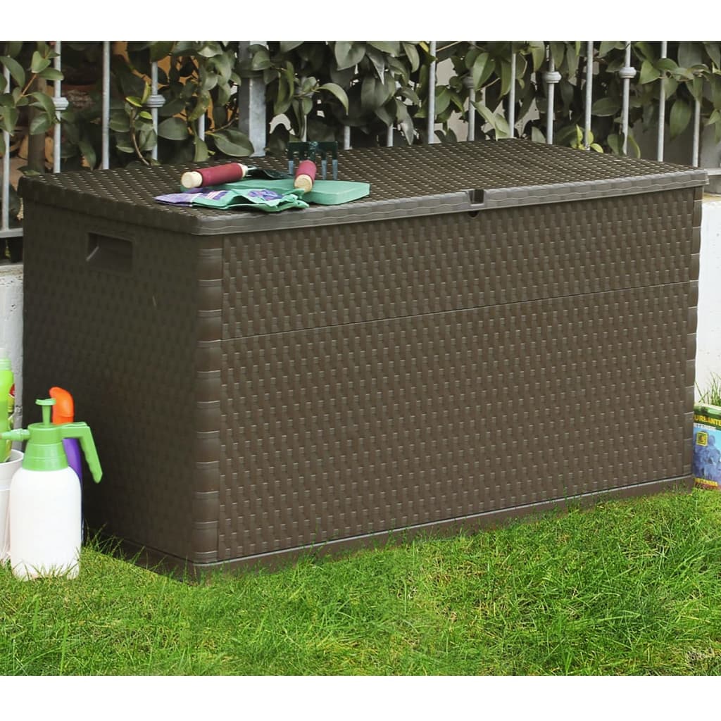 vidaXL Cutie de depozitare pentru grădină maro 120x56x63 cm PP ratan vidaXL Cutie de depozitare pentru grădină maro 120x56x63 cm PP ratan