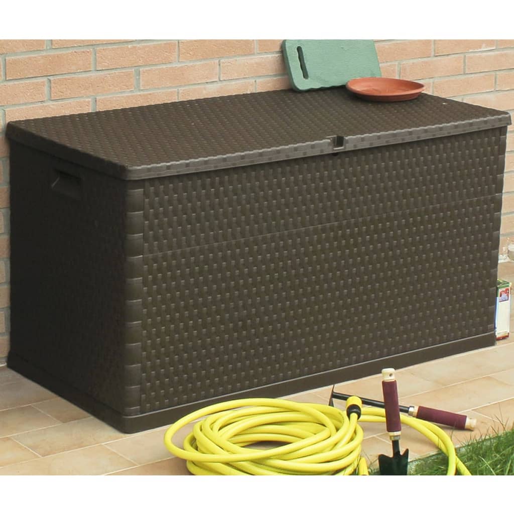 vidaXL Cutie de depozitare pentru grădină maro 120x56x63 cm PP ratan vidaXL Cutie de depozitare pentru grădină maro 120x56x63 cm PP ratan