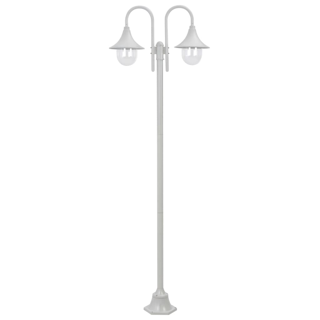 vidaXL Stâlp cu lumini de grădină E27 220 cm, aluminiu 2 lămpi, alb vidaXL Stâlp cu lumini de grădină E27 220 cm, aluminiu 2 lămpi, alb
