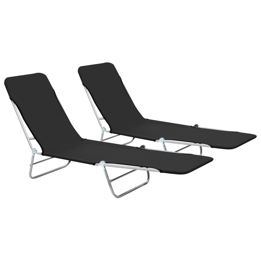 vidaXL Șezlonguri de plajă pliabile, 2 buc., negru, oțel & textil vidaXL Șezlonguri de plajă pliabile, 2 buc., negru, oțel & textil