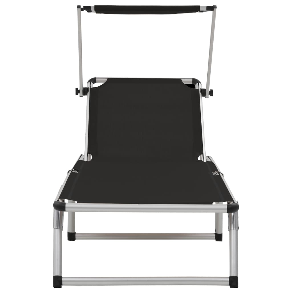 vidaXL Șezlong pliabil cu acoperiș, negru, aluminiu și textilenă vidaXL Șezlong pliabil cu acoperiș, negru, aluminiu și textilenă