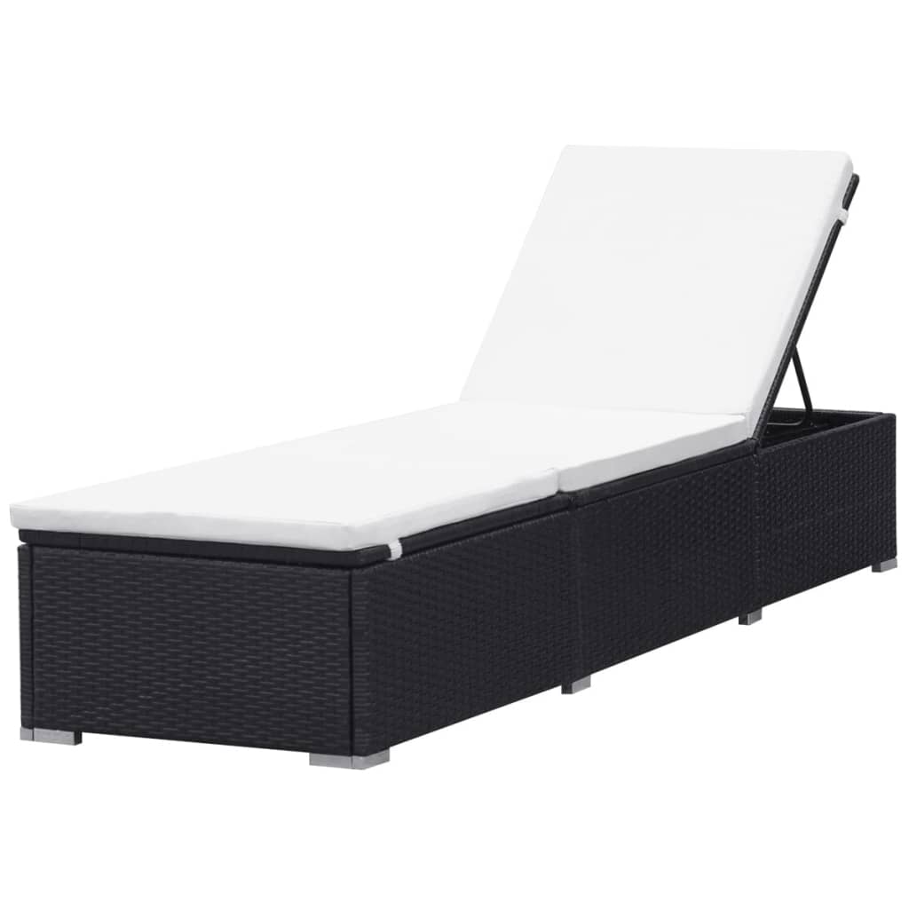 vidaXL Șezlong de plajă cu pernă, negru, poliratan vidaXL Șezlong de plajă cu pernă, negru, poliratan