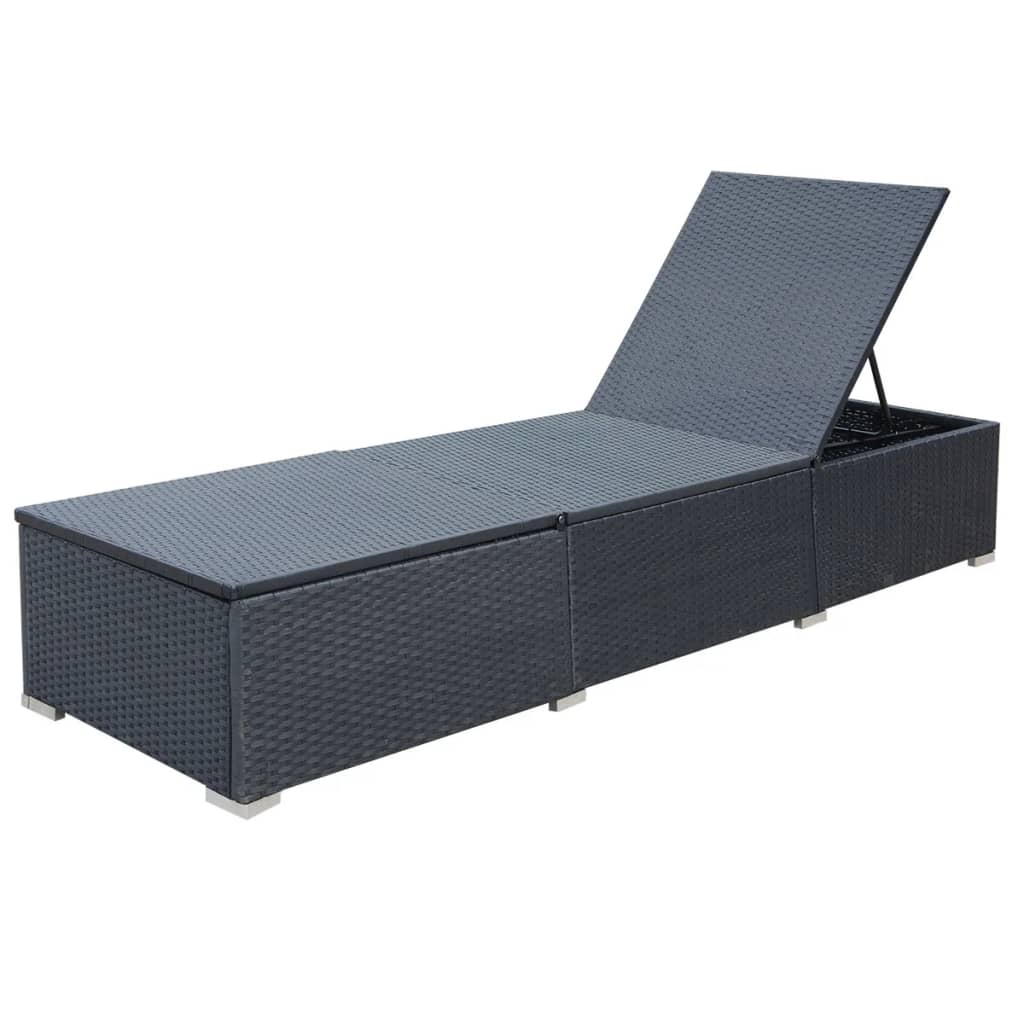 vidaXL Șezlong de plajă cu pernă, negru, poliratan vidaXL Șezlong de plajă cu pernă, negru, poliratan