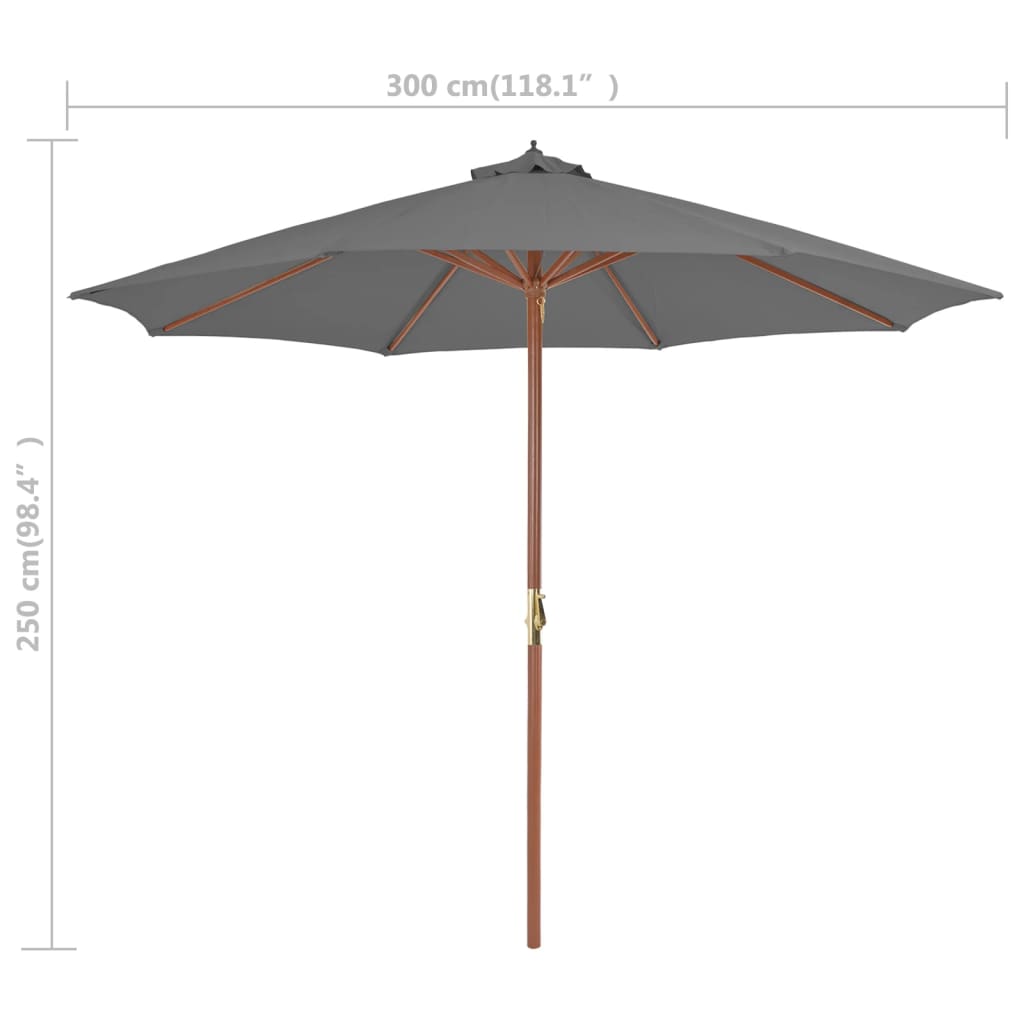 vidaXL Umbrelă de soare de exterior, stâlp din lemn, 300 cm, antracit